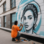 A public art display featuring a vibrant mural by a creative street artist.