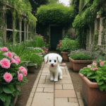 A playful puppy living its best life in a garden of endless possibilities.