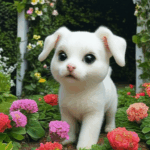 A lovable puppy having the time of its life in a garden adventure.