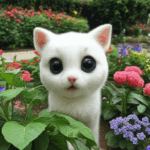 A charming puppy enjoying a romp in a garden filled with beautiful blooms.