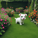 A playful puppy exploring the green garden with wagging tail and excitement.