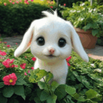 A cute puppy enjoying a sunny day in a garden full of vibrant flowers.