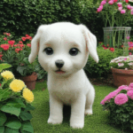 A spirited puppy playing gleefully in a garden filled with natural beauty.