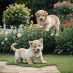 Playful puppy exploring the garden, bounding through colorful plants with excitement.