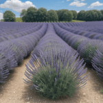 Purple lavender flowers bloom under a vast horizon, merging with the blue sky.