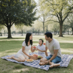 Family spending quality time together in a park's natural setting.