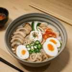 A culinary journey into ramen flavors, with a steaming bowl filled with delicious ingredients.