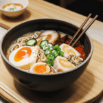 A gourmet ramen experience in a steaming bowl, highlighting exquisite flavors and toppings.