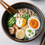 A delightful ramen textures experience with a steaming bowl and a variety of toppings.