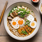 An enticing image of ramen topped with sliced pork, fresh vegetables, and a perfectly cooked egg, emphasizing the savory and rich flavors.