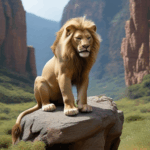 Regal lion confidently perched on a rock, showcasing nature's wonder.