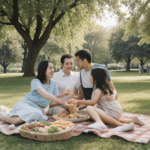 A peaceful scene of a family relaxing during a park picnic.