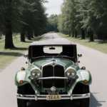 Retro automobile parked by the roadside, showcasing the rustic charm and classic elegance of vintage cars amid a country backdrop.