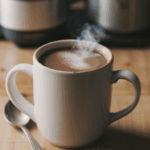 Rich flavor drinks showcased with a steaming mug of hot chocolate, complete with a cinnamon stick and chocolate curls.