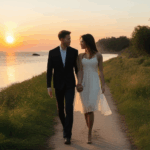 Romantic dusk walk with a couple holding hands, surrounded by the evening glow.