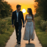 Romantic evening walk with a couple holding hands as the sun sets in the background.