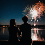 A couple gazing at a vibrant fireworks display lighting up the night sky.
