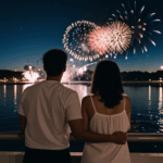 A couple captured in a romantic moment as fireworks burst in the sky above.