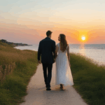 Romantic golden hour captured as a couple enjoys a sunset walk, hand in hand.