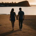 Romantic journey of a couple walking at sunset.