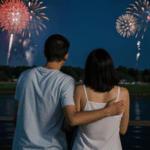 A romantic moment shared by a couple as fireworks light up the night.