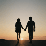 Romantic sunset journey of a couple hand in hand.