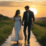 Romantic sunset moments captured with a couple walking together, hand in hand.