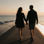Romantic scene of a couple walking during sunset.