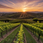 A romantic vineyard sunset scene, where the vibrant sky sets the mood for a tranquil and picturesque evening.