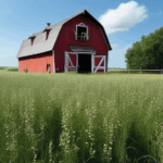 A rustic barn surrounded by lush fields under a blue sky.