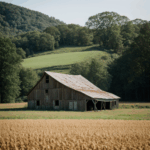 A rustic barn nestled amidst expansive fields, capturing the essence of rural charm.