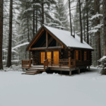 Rustic cabin in snow, providing a charming winter retreat in nature.