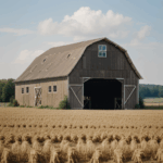 Charming rustic barn nestled within green, open fields.