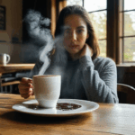 A rustic wooden table cradles a steaming cup of coffee, hinting at rich flavors and cozy moments.