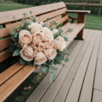 Artful rose arrangement on a rustic bench, a masterpiece of floral artistry.