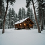 Rustic winter cabin nestled in a snow-covered landscape, exuding charm.