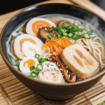 A savory ramen broth glistening in a bowl, surrounded by fresh ingredients and toppings.