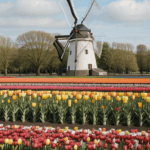 Scenic Dutch countryside with a traditional windmill surrounded by vibrant tulip fields, highlighting nature's splendor.