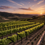 Scenic vineyard view at dusk, with the horizon painted in vibrant sunset colors creating a serene atmosphere.