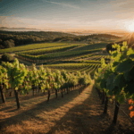 A breathtaking view of a scenic vineyard at sunset with vibrant colors in the sky.