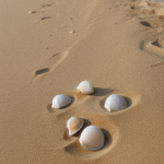 An enchanting collection of seashells on the shore, each one a tiny treasure from the depths of the sea.