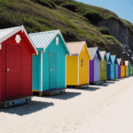 Seaside stories told through rows of colorful beach huts at sunset