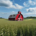 Serene barn scene with fields stretching to the horizon.