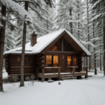 Serene forest cabin offering a cozy hideaway amidst snow-covered trees.