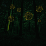 The glow of fireflies lights up a peaceful moonlit forest, offering a serene escape.