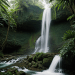 A breathtaking view of a jungle waterfall, with lush greenery and the soothing sound of water splashing.