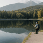 Serene lake setting with a man enjoying a peaceful fishing experience.