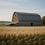 Serene landscape featuring a rustic barn and endless fields.