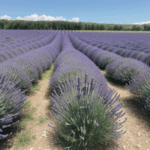 Serene landscape with vibrant lavender flowers blooming under an expansive blue sky.