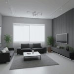 A serene modern living room with minimalist design and elegant furnishings.